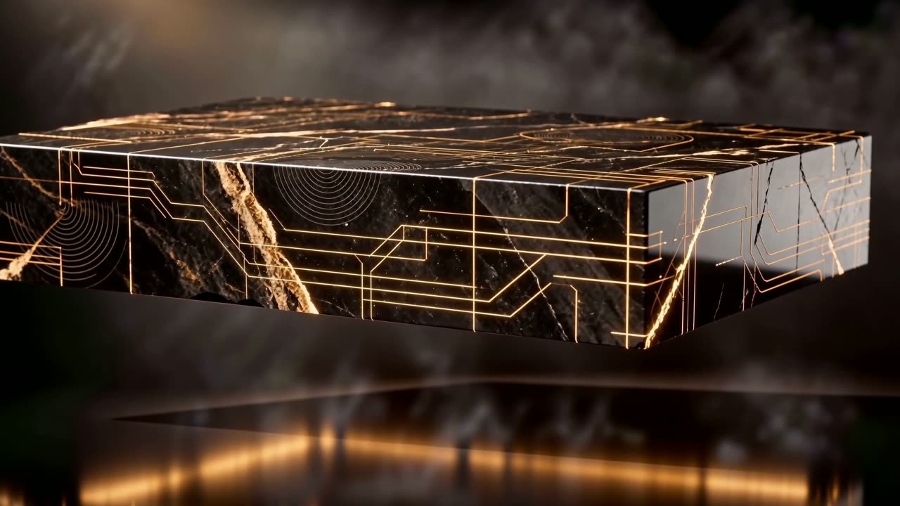 A polished black block with gold pathways